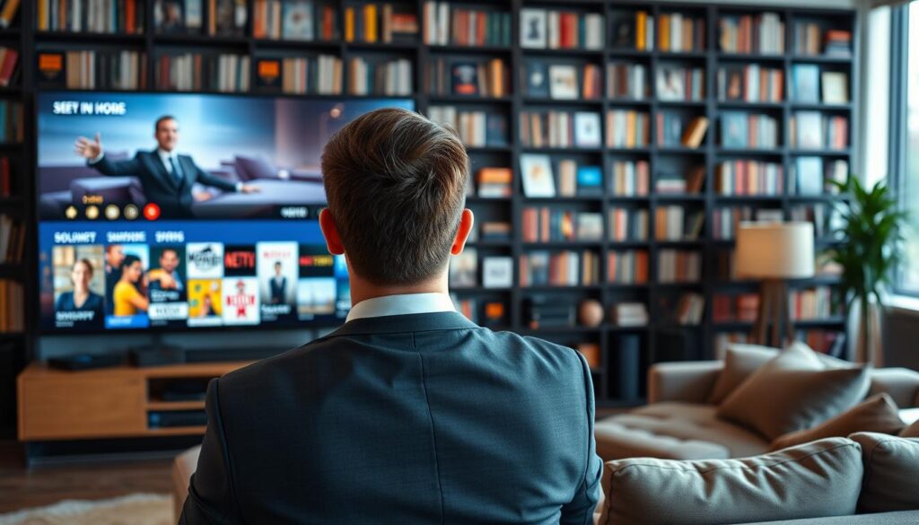 Generate an image of a person enjoying their favourite TV show on a large screen with a vast library of content displayed.