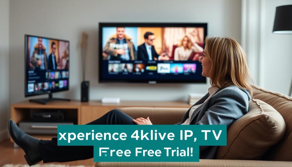 Generate an image of a person enjoying their favourite TV show on a smart TV with a caption "Try 4klive iptv Free Trial"