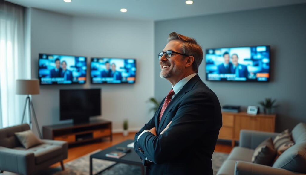 Generate an image of a person enjoying their favourite TV show on multiple screens using EagleCast TV.