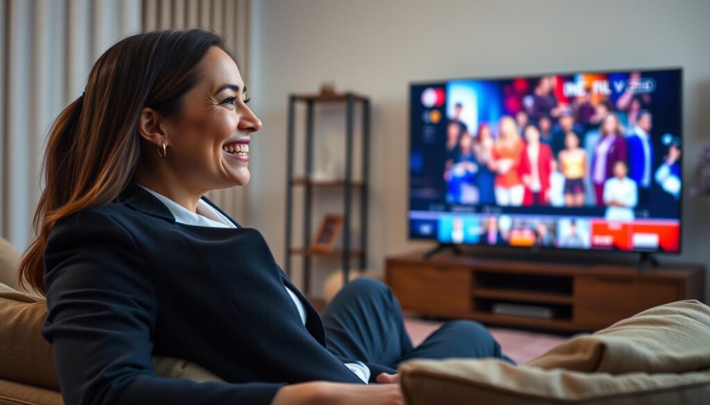 Generate an image of a person happily streaming their favorite show on a budget-friendly IPTV service.
