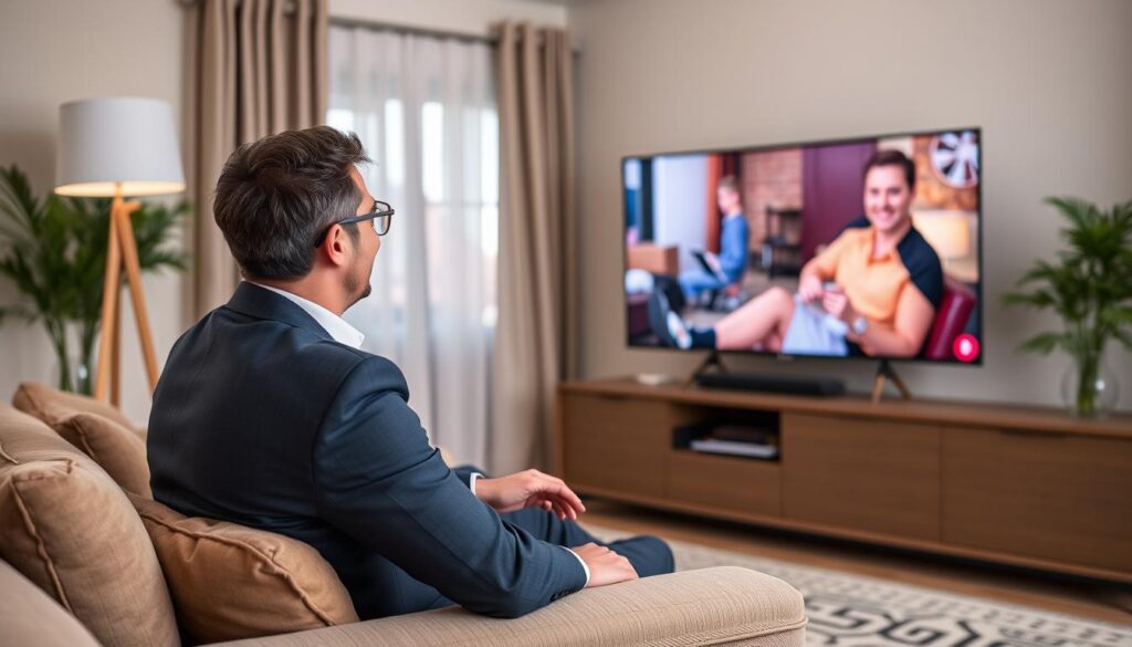 Generate an image of a person happily watching TV on a budget-friendly device.