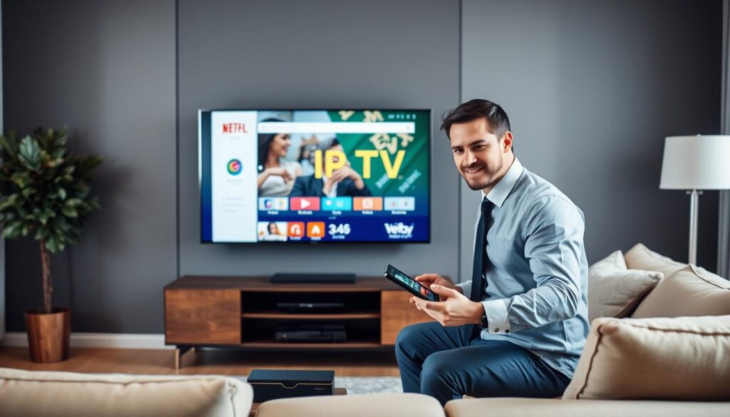 Generate an image of a person installing Smart IPTV on various devices Generate an image of a person installing Smart IPTV on various devices
