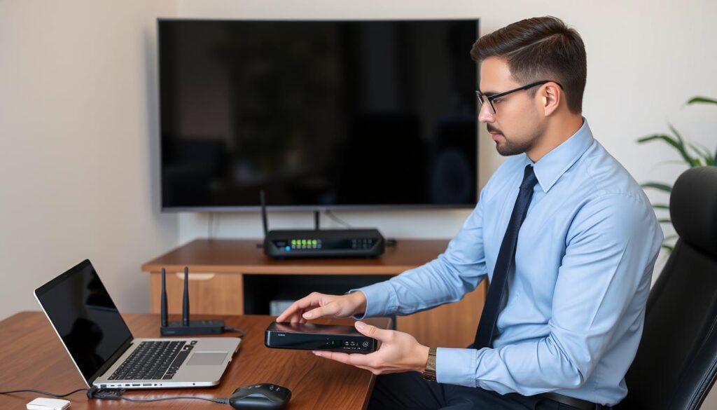 Generate an image of a person setting up an IPTV box with various devices connected.