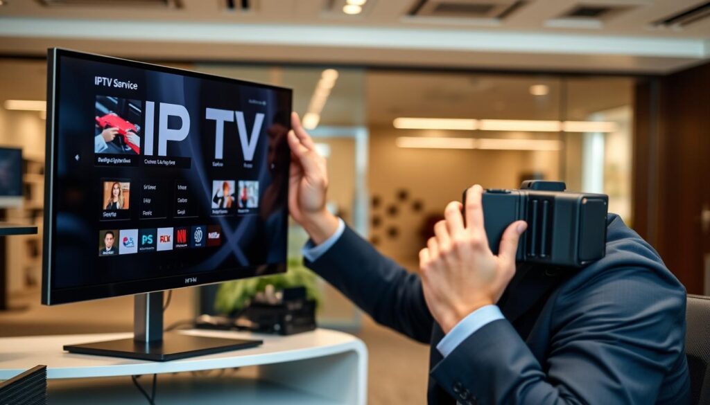 Generate an image of a person setting up an IPTV service on their device Generate an image of a person setting up an IPTV service on their device