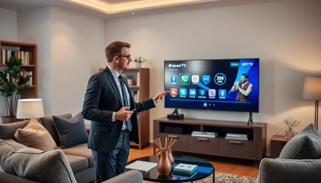 Generate an image of a person setting up their IPTV service on a smart TV. Generate an image of a person setting up their IPTV service on a smart TV.