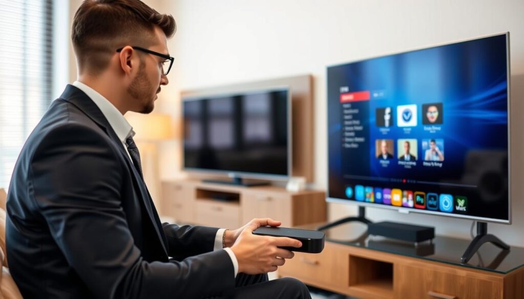 Generate an image of a person setting up their IPTV service on their device Generate an image of a person setting up their IPTV service on their device