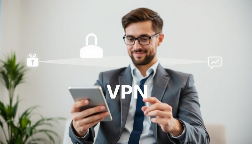 Generate an image of a person streaming IPTV content on a device with a VPN connection