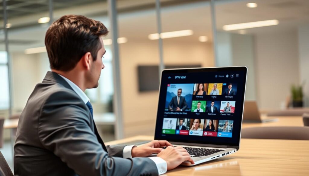 Generate an image of a person streaming IPTV content on a laptop with a VPN connection