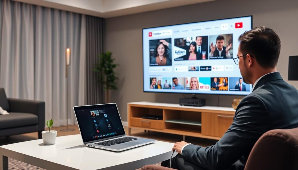 Generate an image of a person streaming IPTV content on a large screen TV using ExpressVPN