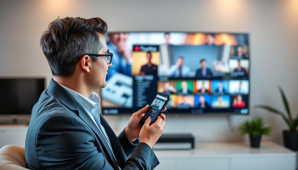 Generate an image of a person streaming IPTV content on a large screen TV using a media player app on their device.