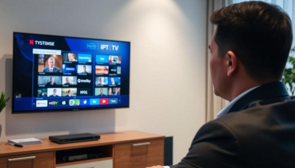 Generate an image of a person streaming IPTV content on a smart TV while using a VPN on their router Generate an image of a person streaming IPTV content on a smart TV while using a VPN on their router