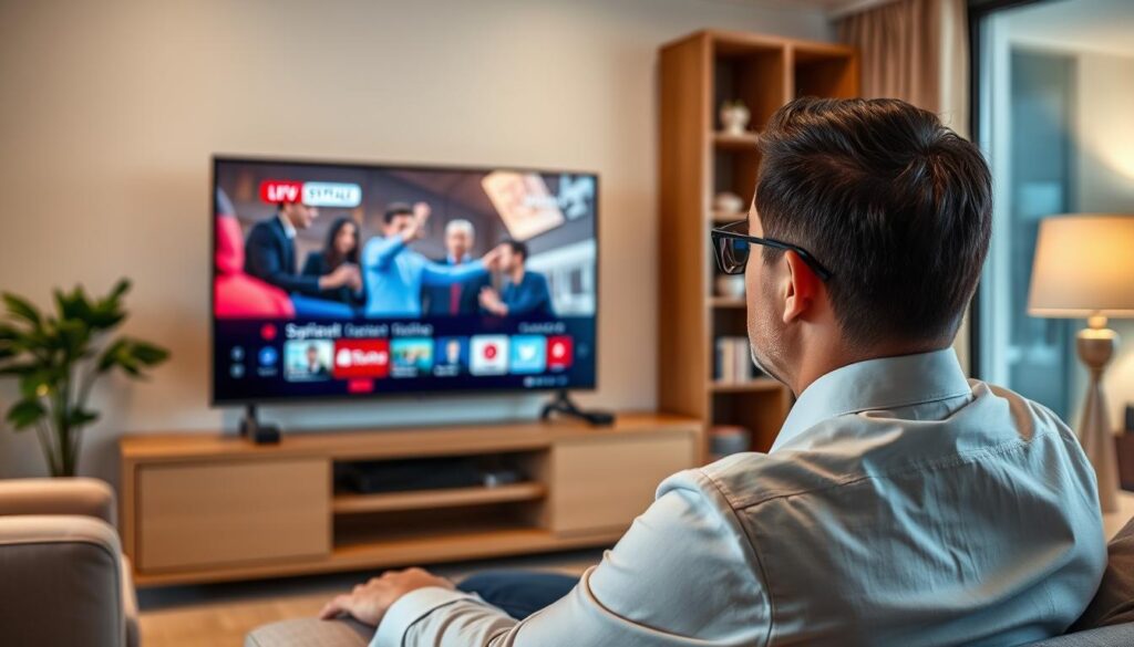 Generate an image of a person streaming their favorite TV show on a smart TV using Smart4K IPTV.