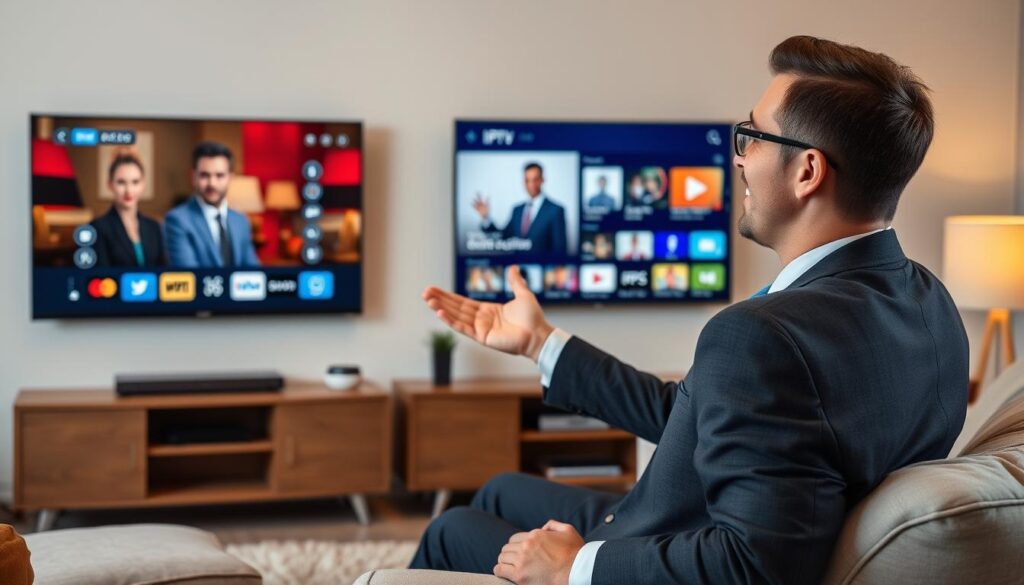 Generate an image of a person streaming their favorite TV show on a smart TV using a free IPTV playlist.