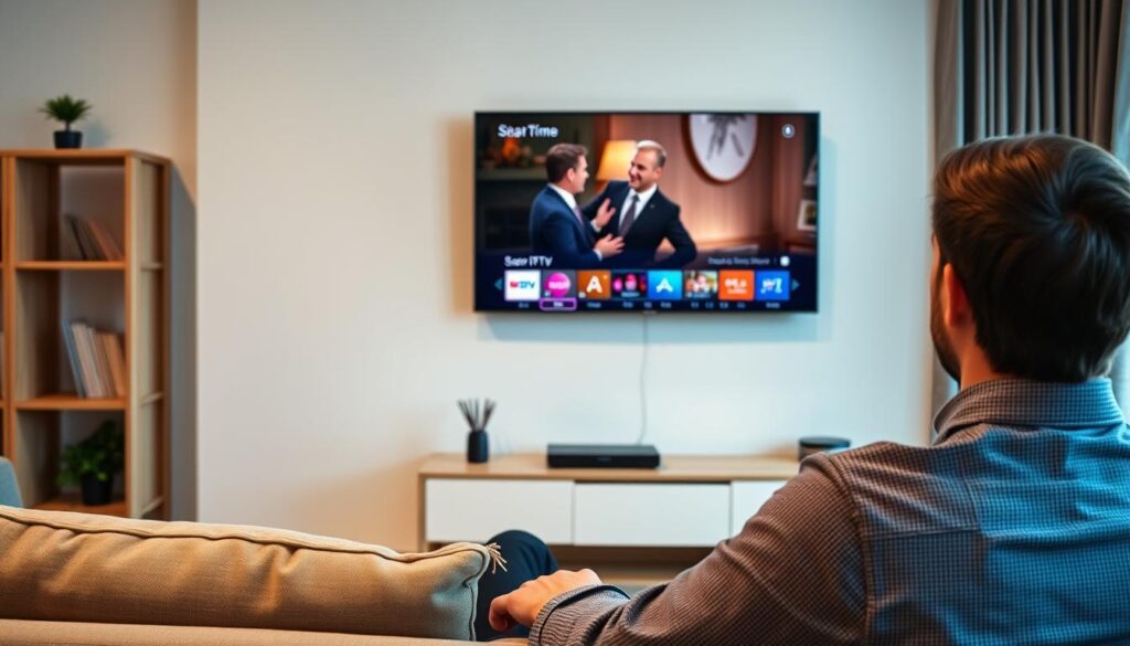 Generate an image of a person streaming their favorite TV show on a smart TV using an IPTV service.
