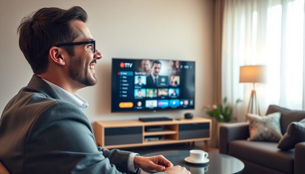 Generate an image of a person streaming their favorite TV show on a smart TV using one of the top free IPTV players. Generate an image of a person streaming their favorite TV show on a smart TV using one of the top free IPTV players.