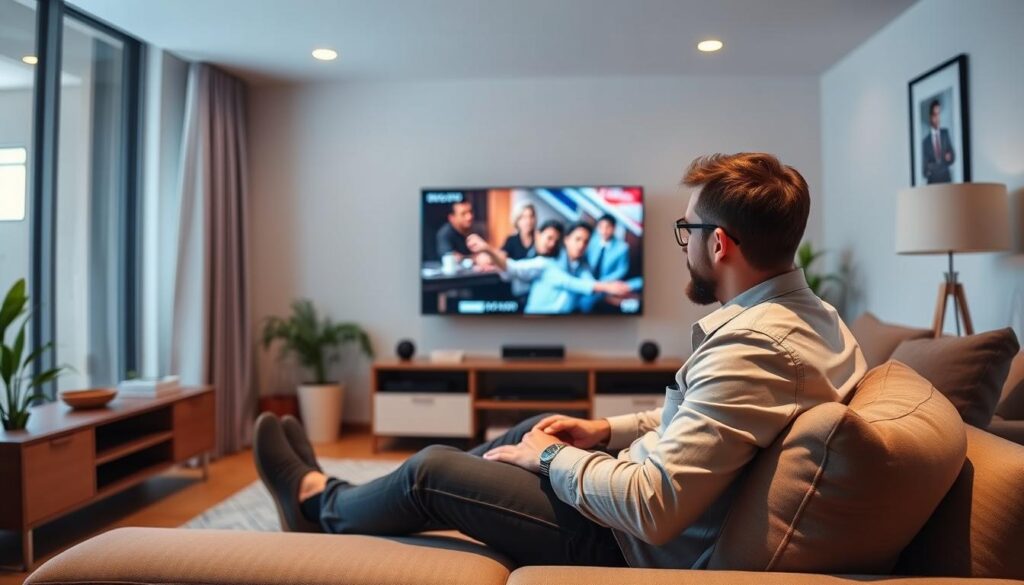 Generate an image of a person streaming their favorite TV show using IPTV on a smart TV. Generate an image of a person streaming their favorite TV show using IPTV on a smart TV.