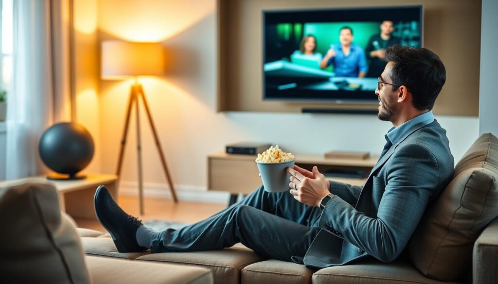 Generate an image of a person streaming their favorite show on a Smart TV using IPTV Trends.