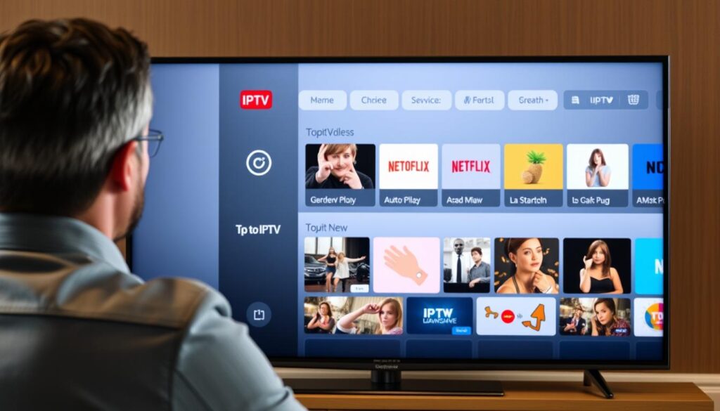 Generate an image of a person streaming their favourite TV show on a smart TV using one of the top IPTV services.