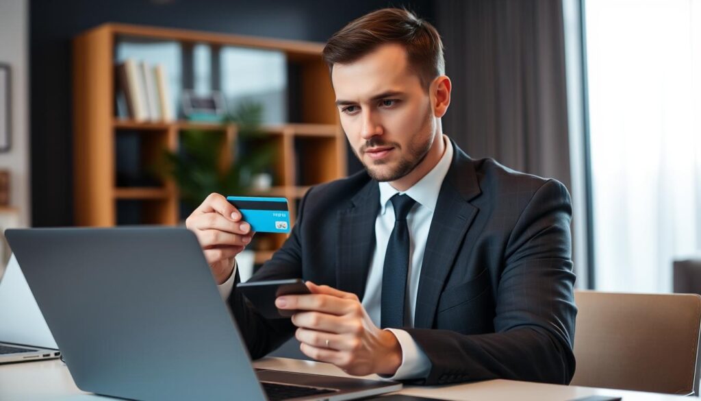 Generate an image of a person using a credit card to pay for IPTV services on a laptop Generate an image of a person using a credit card to pay for IPTV services on a laptop