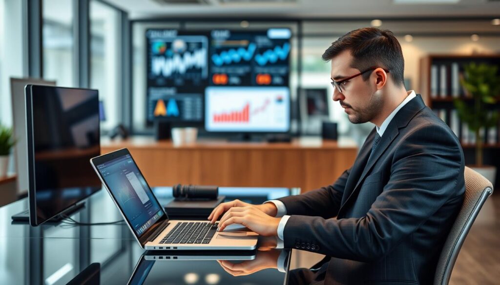 Generate an image of a person using a laptop to manage IPTV reseller accounts