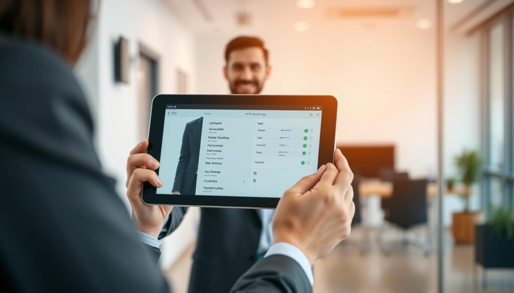 Generate an image of a person using a tablet to manage IPTV settings