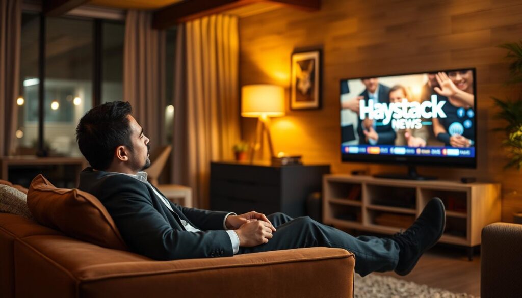 Generate an image of a person watching Haystack News on their TV. Generate an image of a person watching Haystack News on their TV.