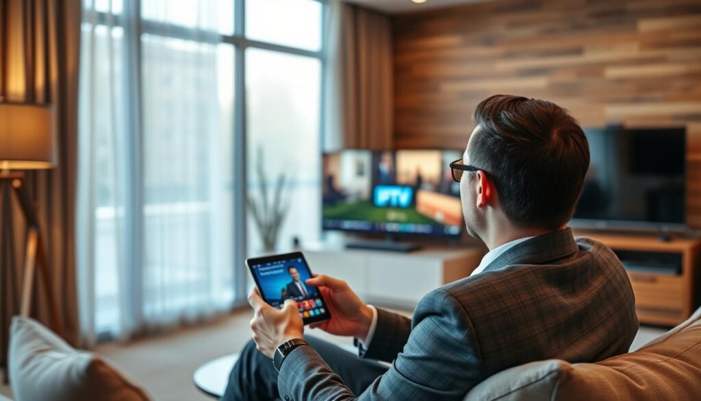 Generate an image of a person watching IPTV on their device in Edmonton.