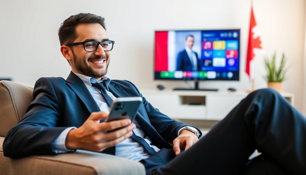 Generate an image of a person watching TV on their mobile device with a satisfied expression, with a Canadian flag in the background.