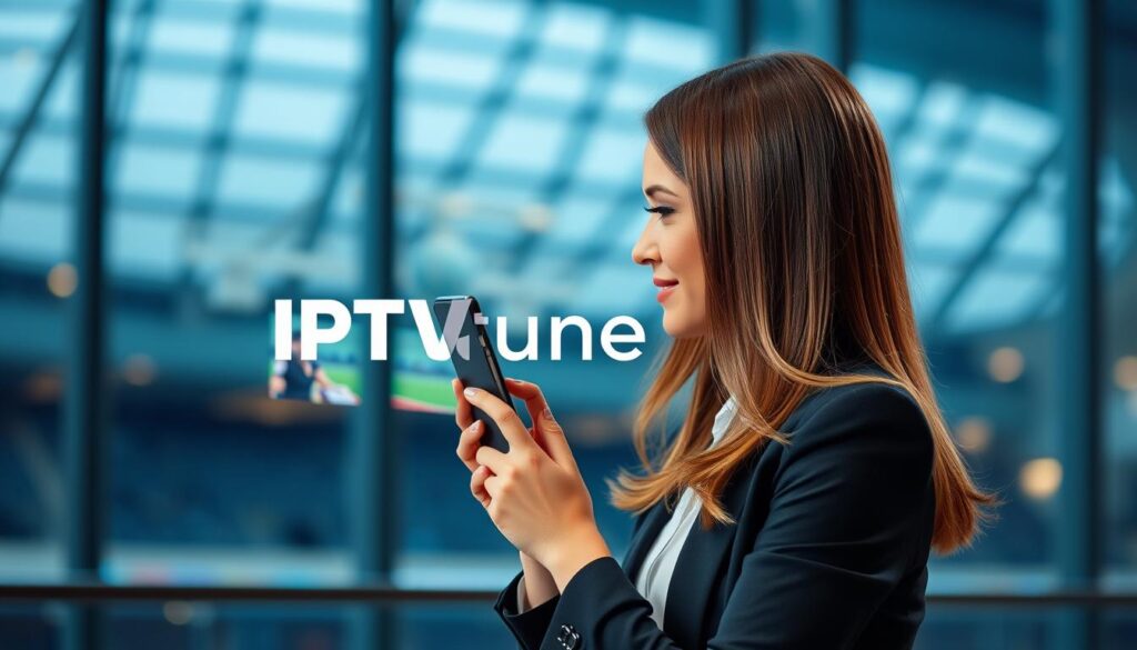 Generate an image of a person watching a live sports event on their smartphone, with an IPTVtune logo and a highlight on the streaming quality.