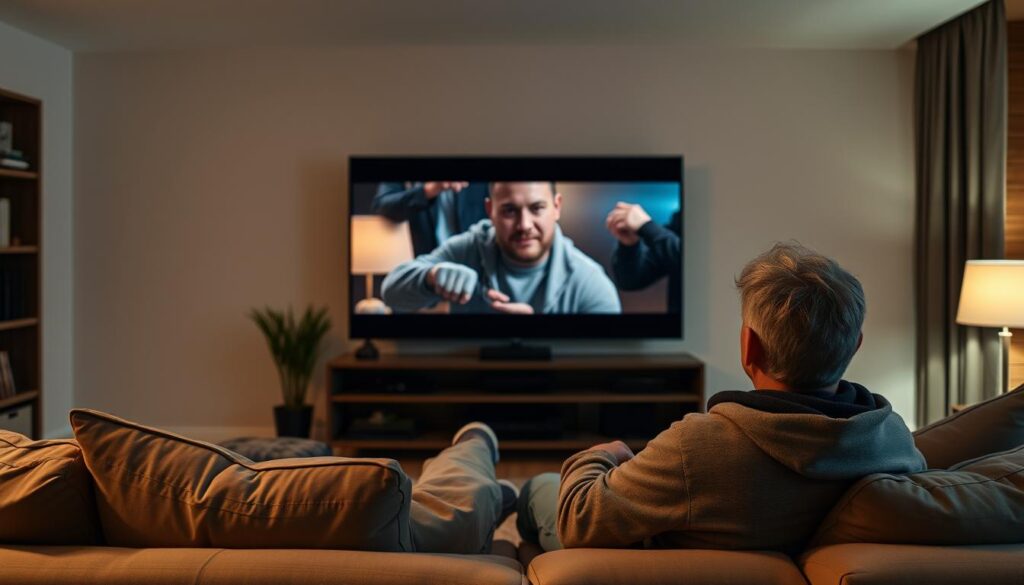 Generate an image of a person watching a movie on IPTV