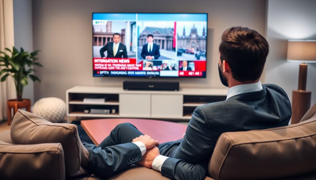 Generate an image of a person watching international news on ReflexSat IPTV.