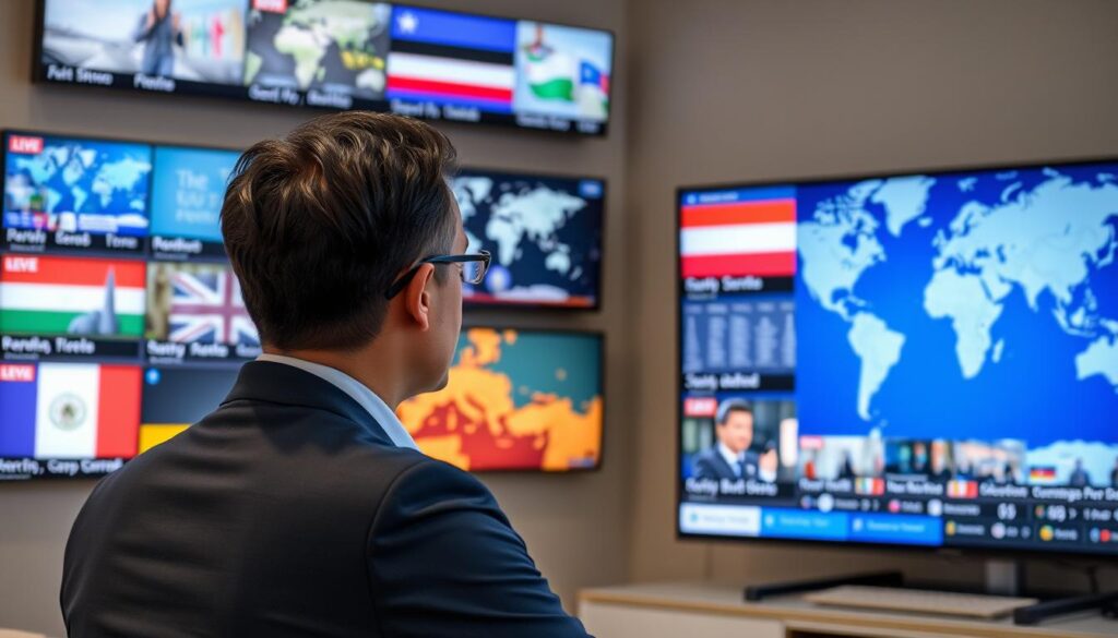 Generate an image of a person watching international news on their TV with channels from different countries.