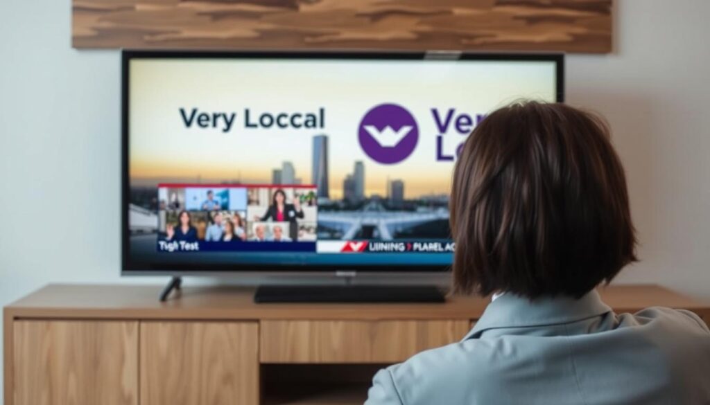 Generate an image of a person watching local news on a TV with the Very Local app logo. Generate an image of a person watching local news on a TV with the Very Local app logo.