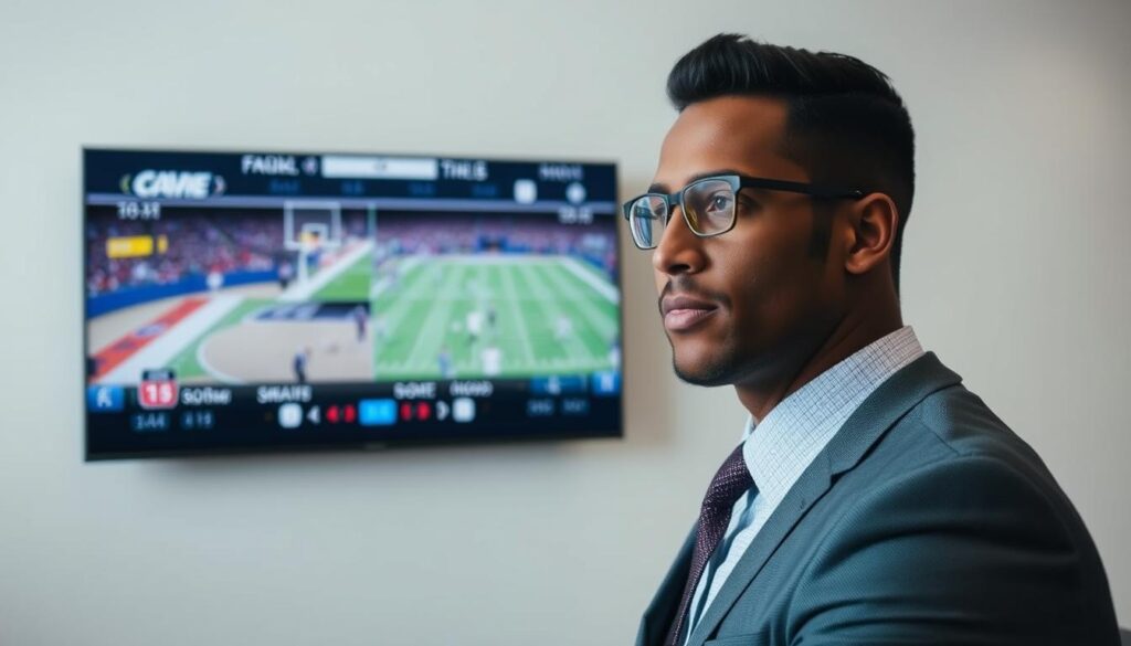 Generate an image of a person watching multiple sports games on a single screen with EagleCast TV.