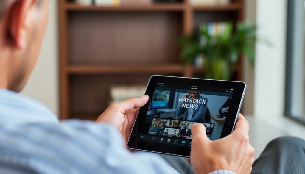 Generate an image of a person watching news on a tablet with the Haystack News app open. Generate an image of a person watching news on a tablet with the Haystack News app open.