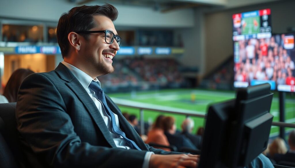 Generate an image of a person watching their favorite sports team on TV with a satisfied expression.