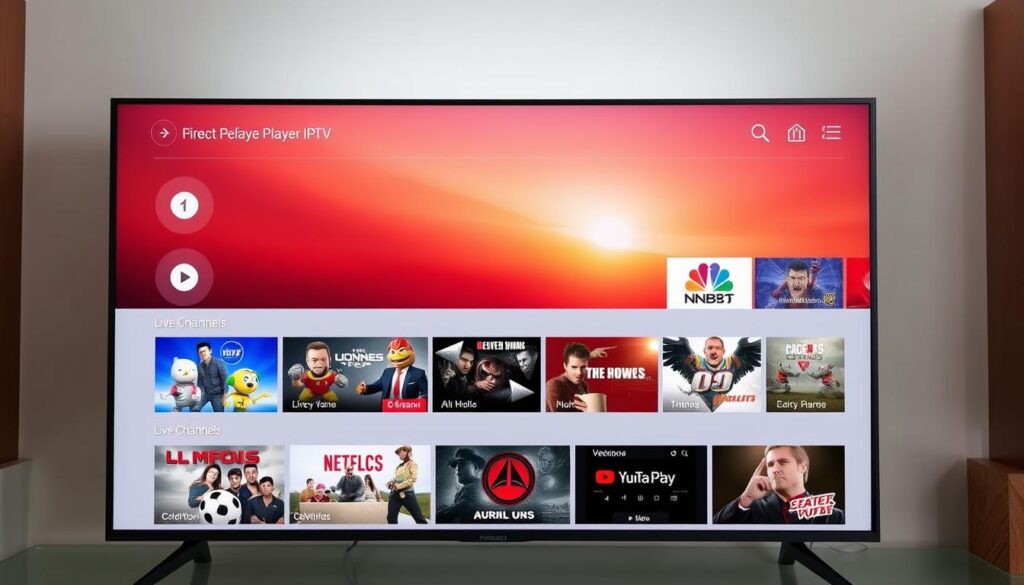 Generate an image of a sleek Android TV interface with Perfect Player IPTV open, showcasing a variety of live channels.