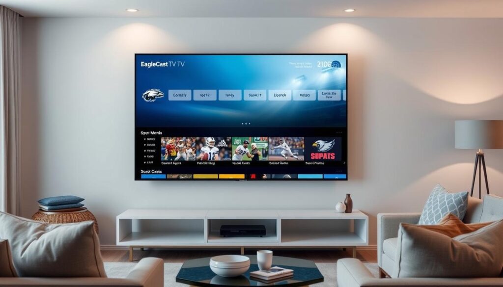 Generate an image of a sleek, modern TV displaying EagleCast TV's interface with various sports channels highlighted. Generate an image of a sleek, modern TV displaying EagleCast TV's interface with various sports channels highlighted.