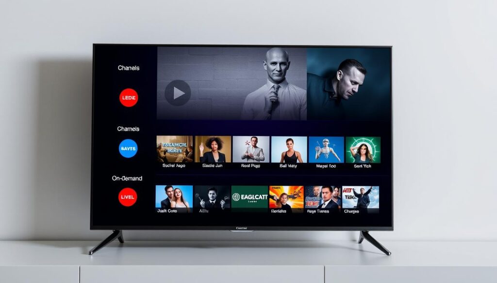 Generate an image of a sleek, modern TV displaying a variety of channels and on-demand content through the EagleCast TV interface.