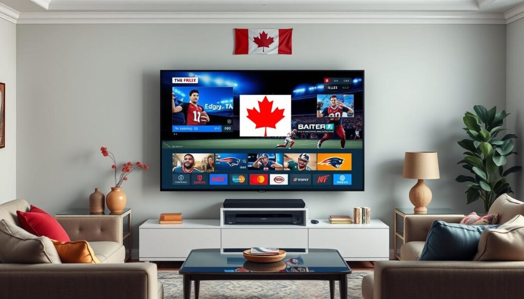 Generate an image of a sleek, modern TV displaying a variety of channels and sports events, with a subtle Canadian flag in the background.