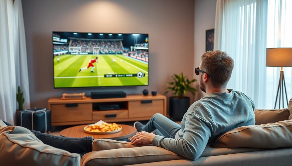 Generate an image of a sports enthusiast enjoying a live sports event on a 4K TV with a stable streaming connection.