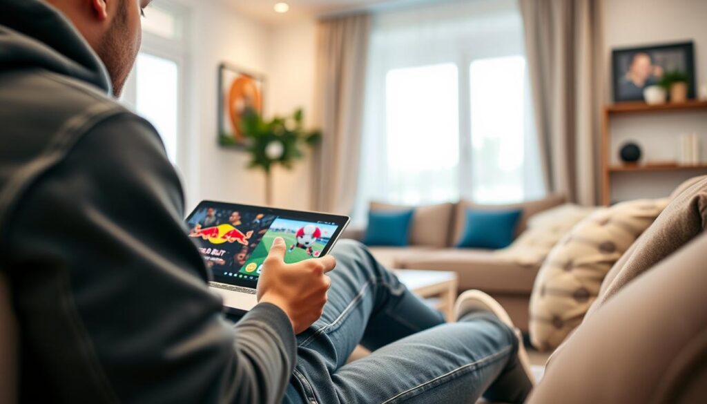 Generate an image of a sports enthusiast watching Red Bull TV on their device. Generate an image of a sports enthusiast watching Red Bull TV on their device.