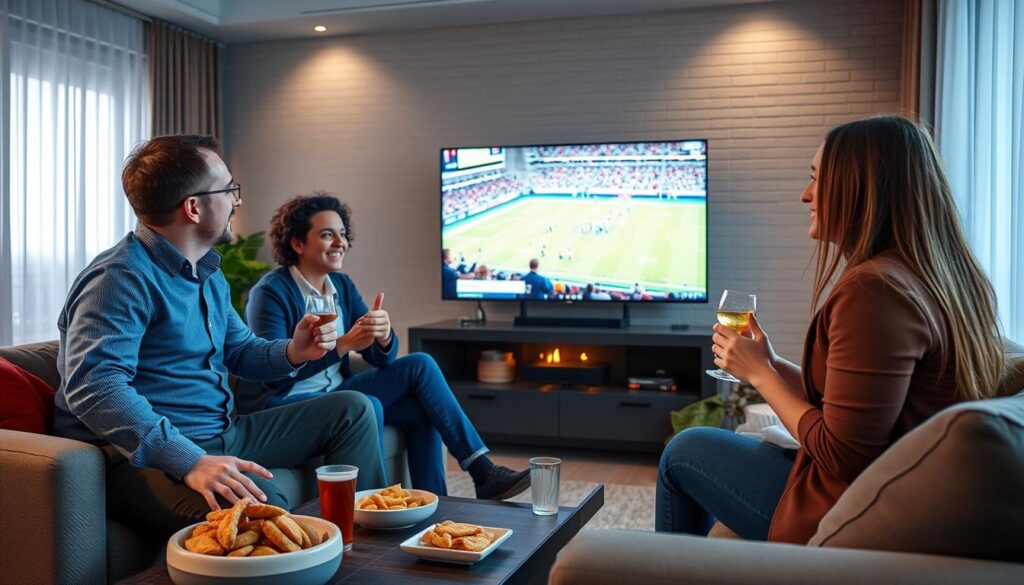 Generate an image of a sports enthusiast watching a live game on IPTV