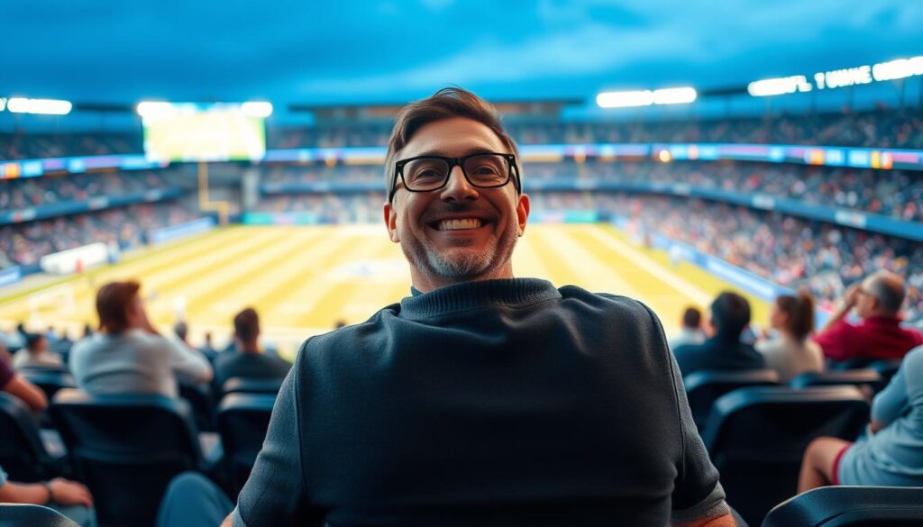 Generate an image of a sports enthusiast watching a live game on IPTVTune with a satisfied expression.