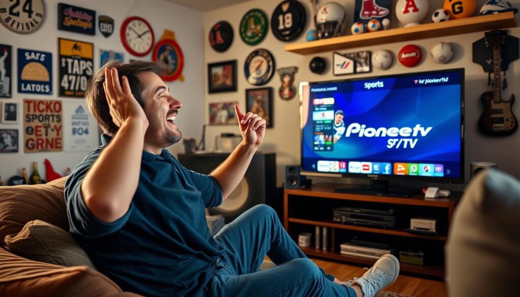 Generate an image of a sports enthusiast watching a live game on their TV with a satisfied expression, surrounded by sports channels and Pioneer TV logo.