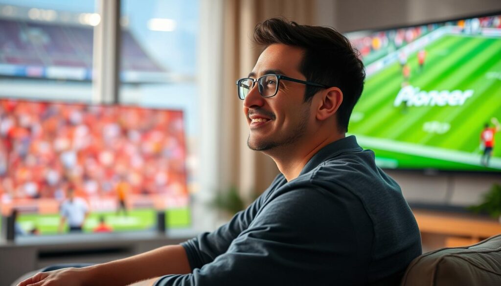 Generate an image of a sports enthusiast watching a live game on their TV with a satisfied expression, with a clear view of the Pioneer TV logo on the screen.