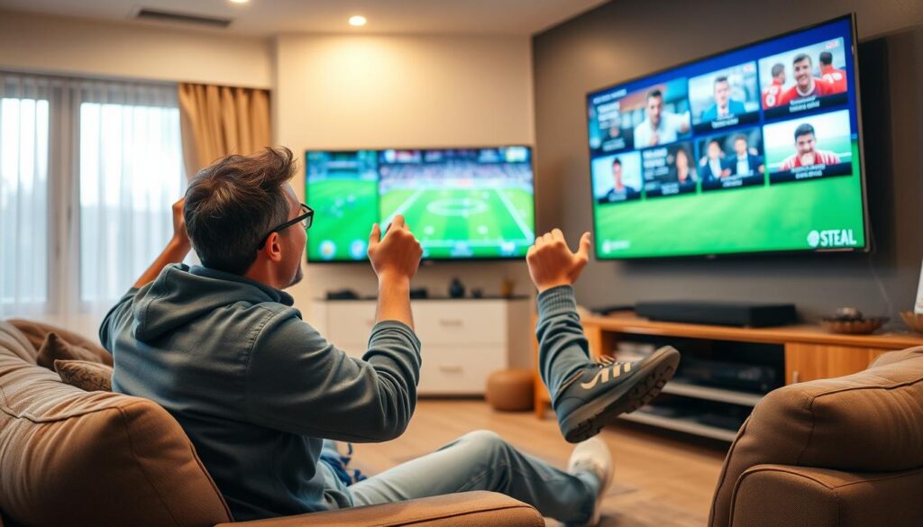Generate an image of a sports enthusiast watching a live game on their TV with multiple sports channels displayed.
