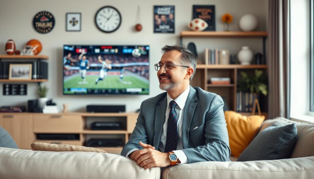 Generate an image of a sports enthusiast watching live sports on IPTV