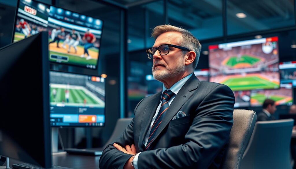 Generate an image of a sports enthusiast watching multiple live sports events on different screens