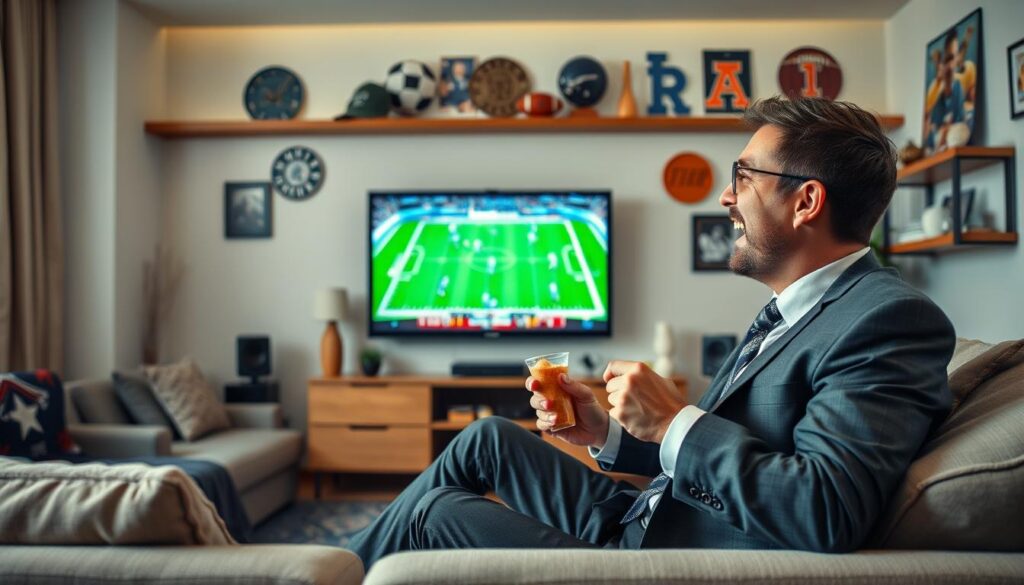 Generate an image of a sports enthusiast watching their favorite game on IPTVTune.